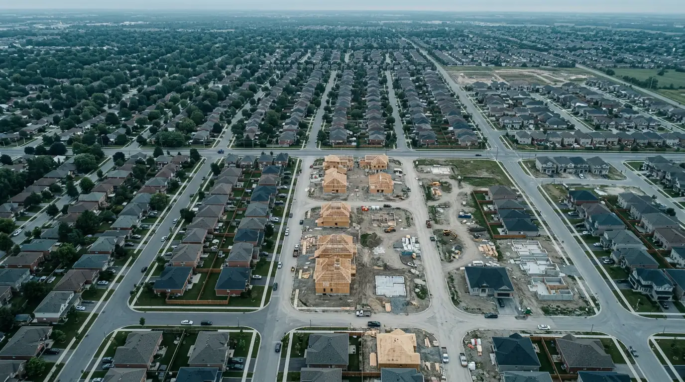 Aerial view of a growing suburb with new construction
