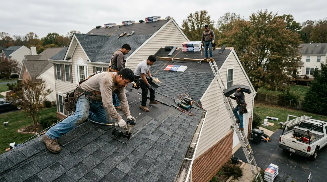 Roofing crew at work on a suburban home